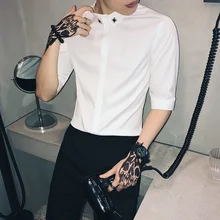 Мужские рубашки летние новые популярно среди молодежи сплошной цвет тонкая рубашка S-5XL красивый пятиконечный рукав Личность Повседневная мужская одежда