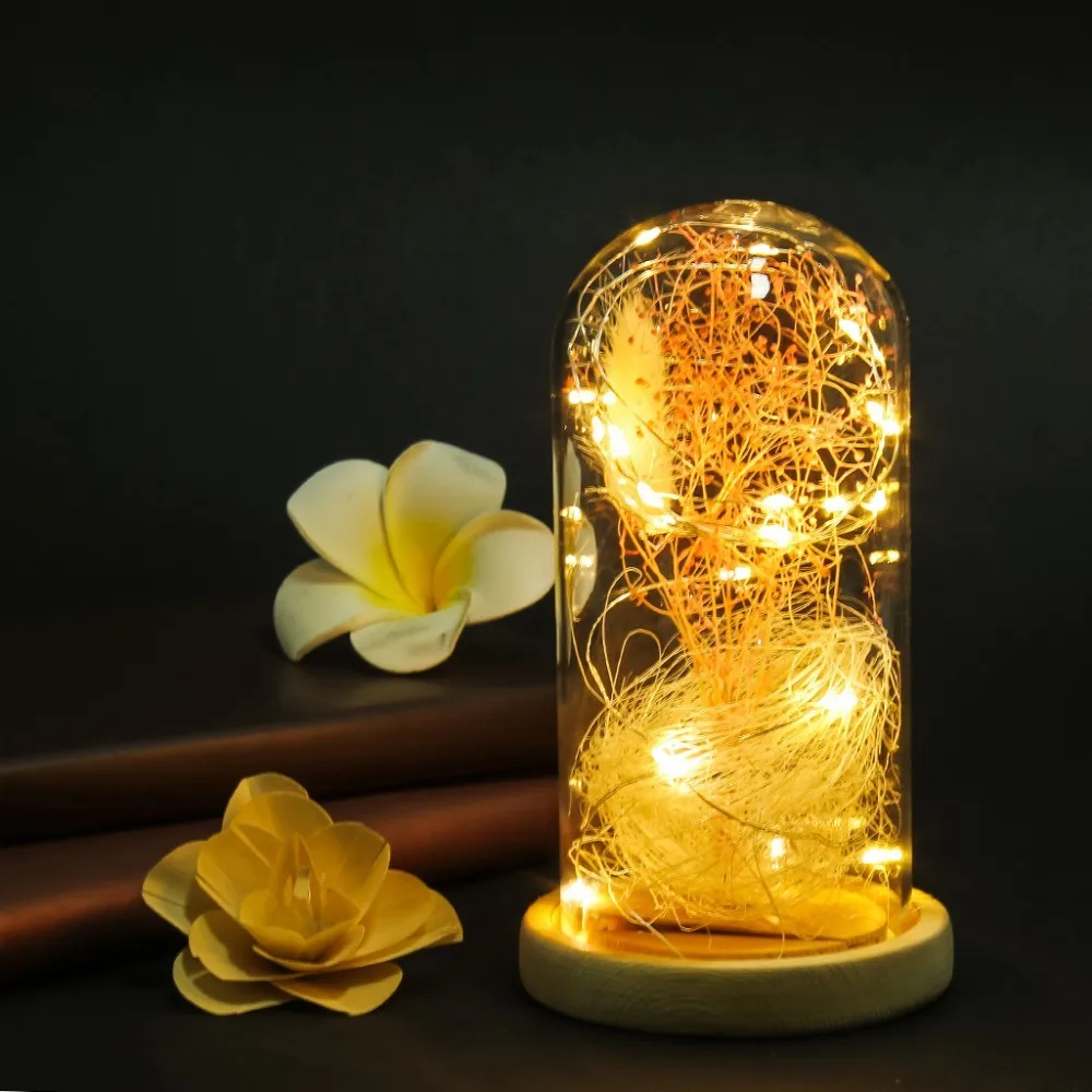 

Artificial Decorations Artificial Flowers Rose Gypsophila Wooden Base With Led Light Cover Romantic Valentine's Gifts Home Decor