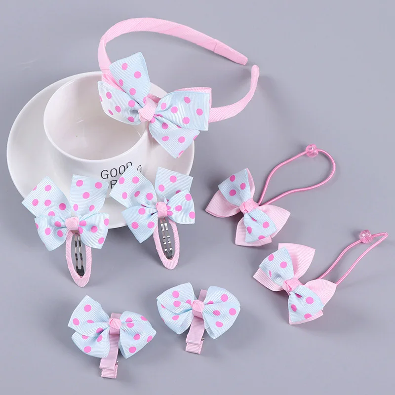 7pcs/set hair accessory set bow flower headband hair clip stretch hair rope cute candy color girls hair ring Cloth headwear set