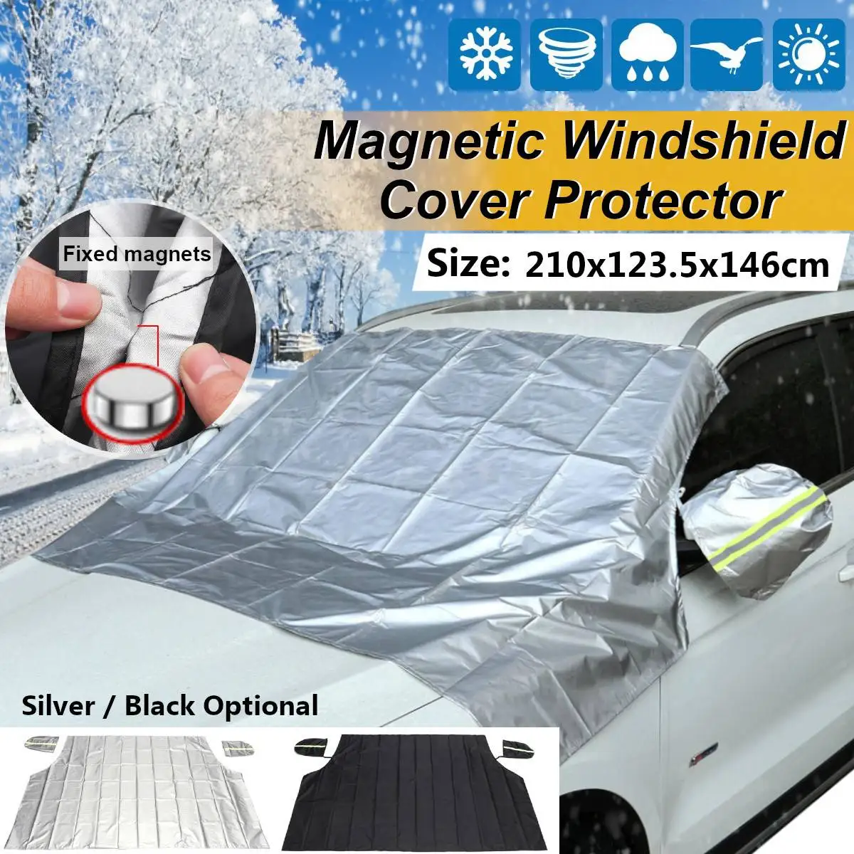 

210x123.5cm Car Magnetic Windshield Windscreen Cover Snow Sun Dust Ice Frost with Mirror Protector Shield Green Reflective Strip