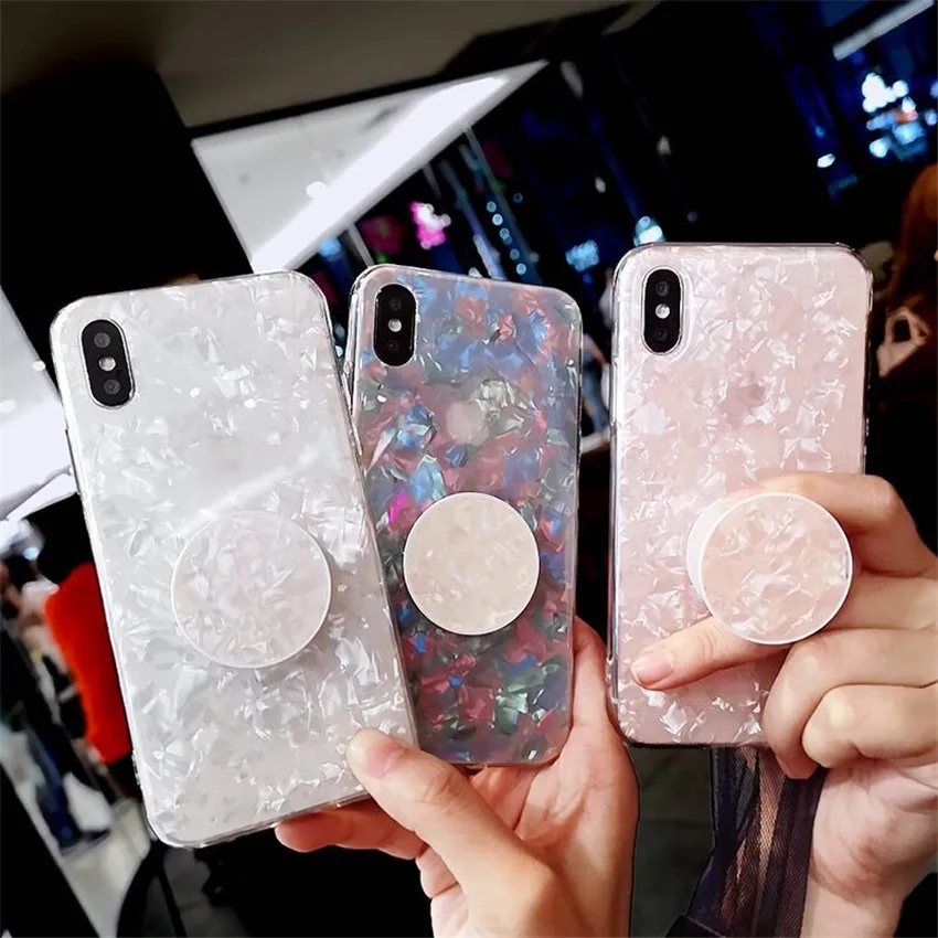

Glitter Shell Case For Iphone 8 7 Plus X XS XR XS MAX 6S Plus Case Pink White Bling Silicone Grip Stand Holder Soft Phone Case
