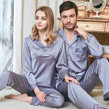 

Silk Couples Pajamas Suit V-neck Long Sleeve with Trousers Lace Design Suit Home Clothes for Men and Women Silk Pajamas