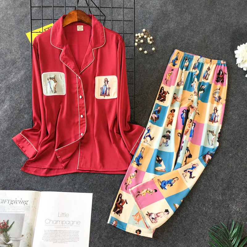 Новый шаблон окрашенная Пижама женские корейские милые подражать натурального шелка пижамный комплект с длинным рукавом Брюки 2 шт. пижамы