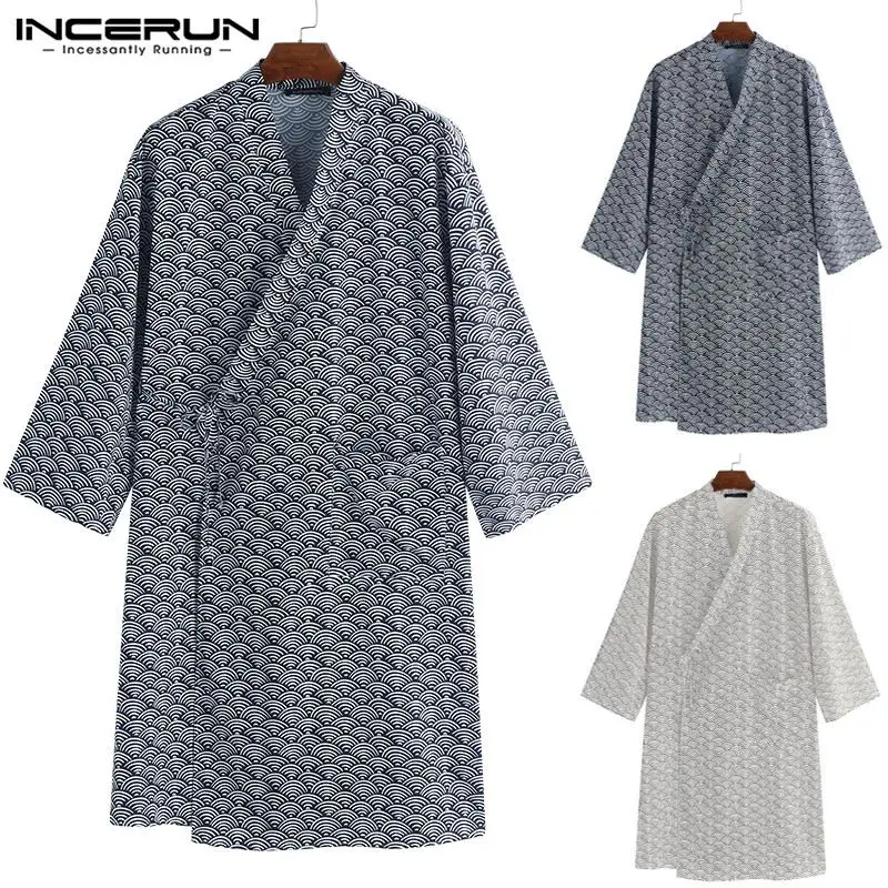 INCERUN Fashion Men Robes Sleepwear Short Sleeve Print Japanese Style Kimono Comfortable Soft Loose Homewear Bathrobes - Цена: 