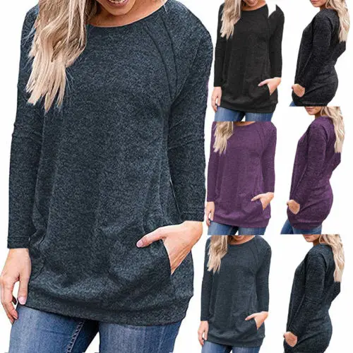

Women Autumn Long Sleeve Pure Casual Shirt Ladies Loose Tops Blouse Bottom