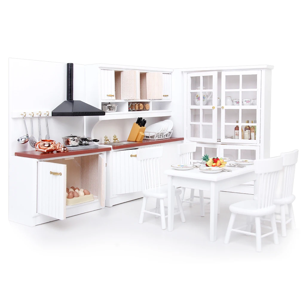 

1/12 Dollhouse White Wooden Furniture Kithen Cabinet & Table Chair & Pattern Porcelain Tea Sets Home Accessories