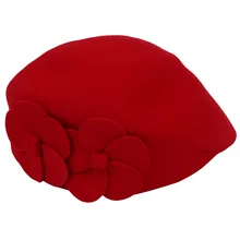 HTHL-модные, женские, шерстяные осенние зимние очаровательные Берет 2 цветы береты шляпа, фетровая шляпа(красный