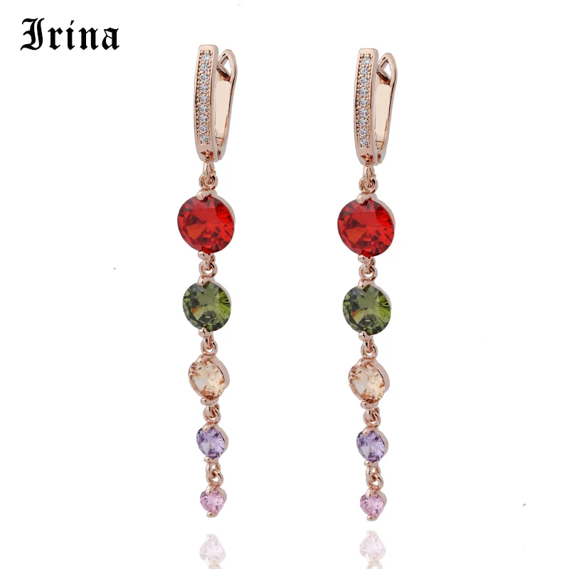 Женские серьги с кисточками Irina 585 многоцветные цвета розового золота кубическим