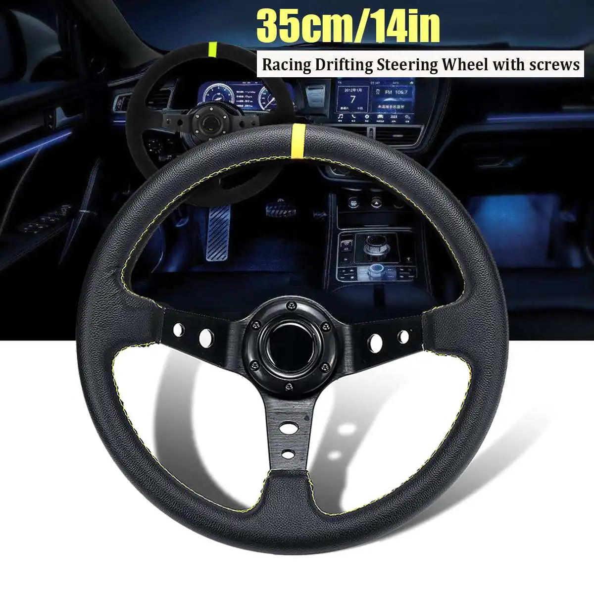 Ceny 14 cali 350mm głębokie wygięcie Drifting kierownica uniwersalna skóra aluminium samochód Auto sporty wyścigowe akcesoria do kół kierownicy