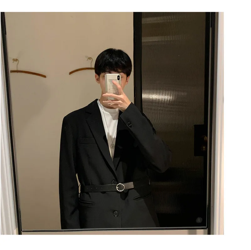 

Men's suit 2019 spring new slim coat solid color lapel long sleeve loose belt stitching casual coat personality youth men's wear