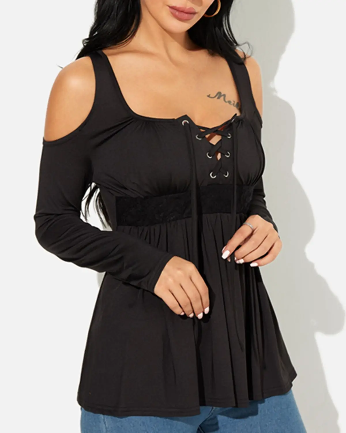 

Autumn Spring Pullover Blouses Shirts Women O Neck High Waist Sexy Lace-up Off Shoulder Long Sleeve Patchwork Solid Blusas Tops