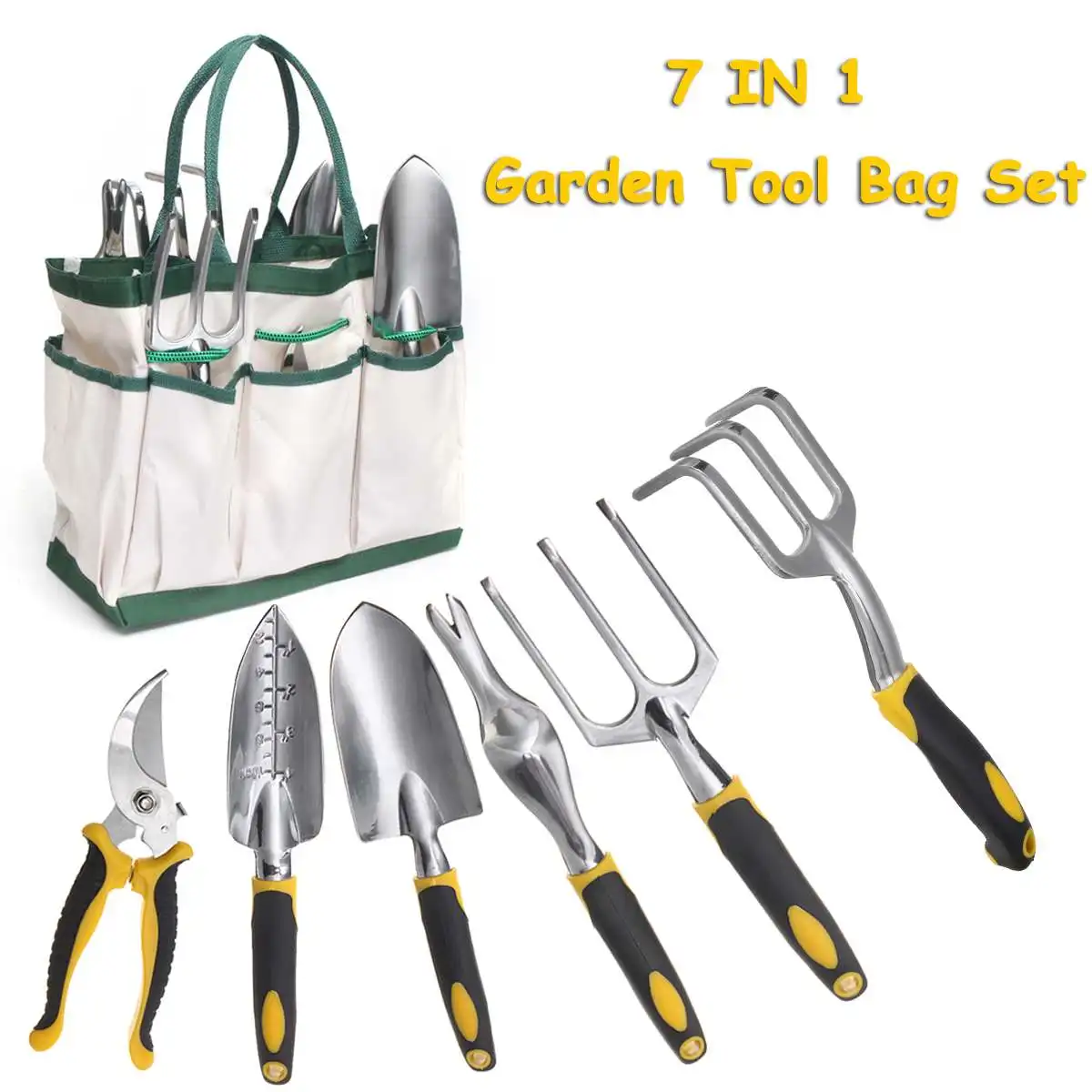 

7Pcs Garden Tool Set Stainless Steel Tool Set Planting Tools Pliers with Folding Bag Weeding Fork Trowel Soil Scoop Cultivator