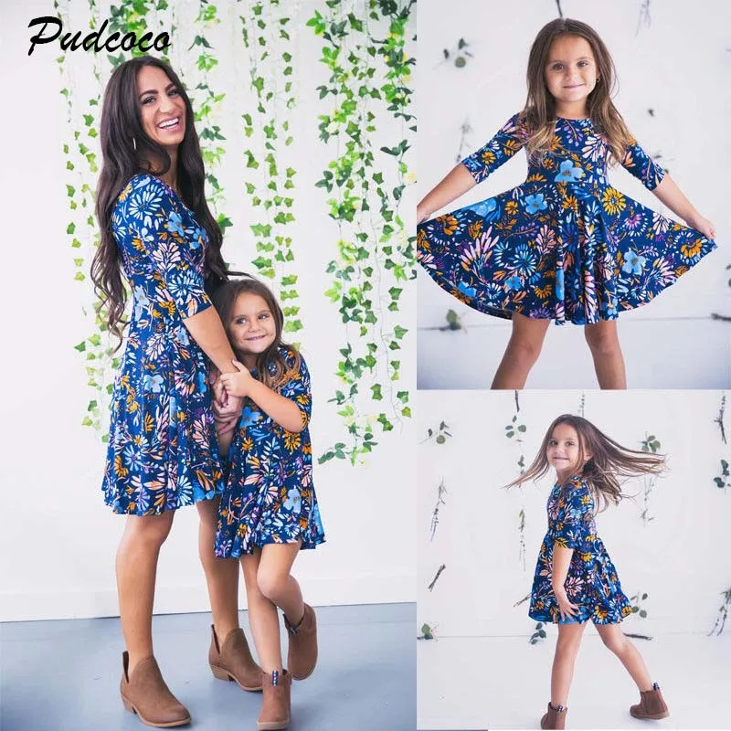 

2019 Brand Mother and Daughter Floral Dress Matching Womens Girls Fashion Long Sleeve Holiday Outfit Party Dress Family Clothes