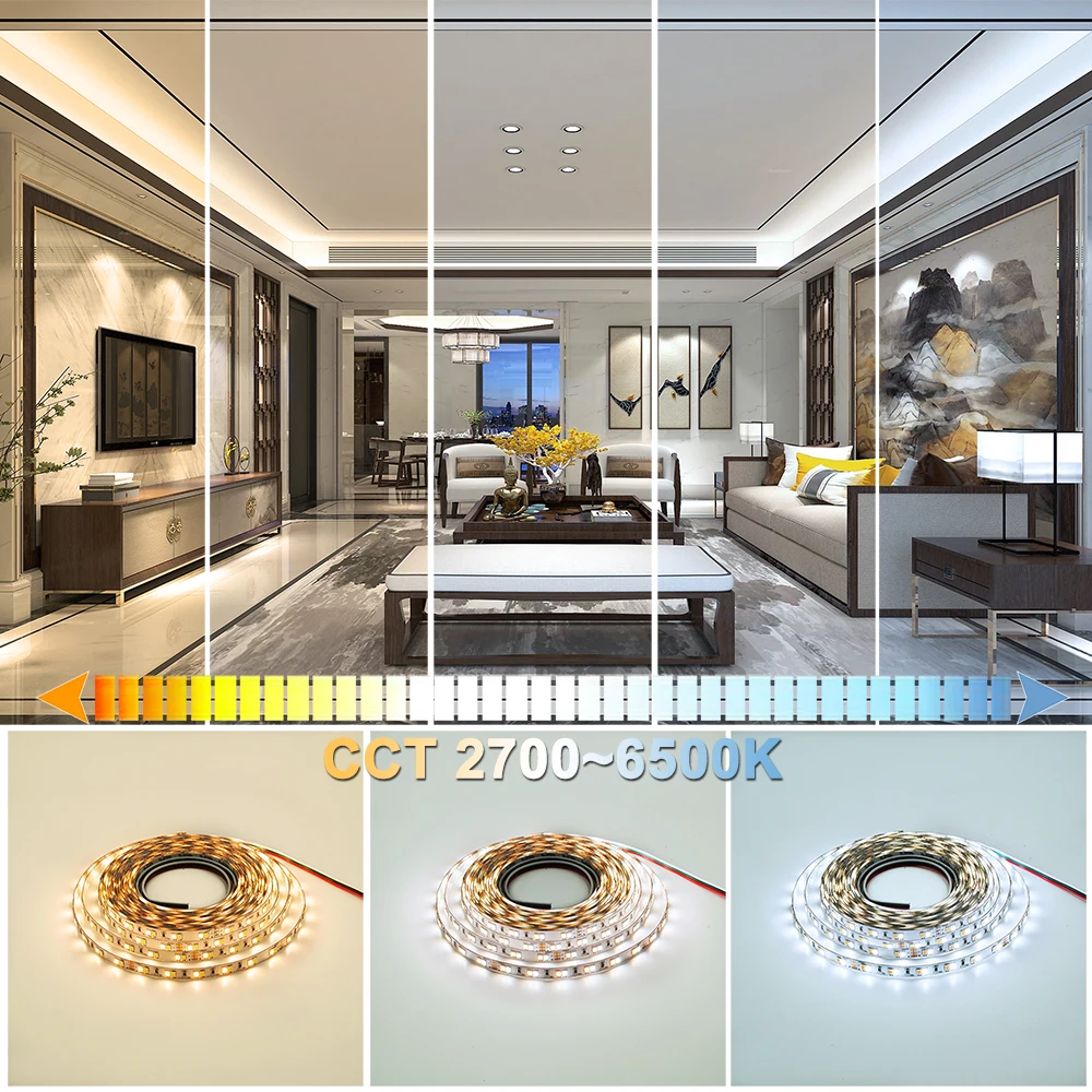 Goede High Power 2835 WWCW 120 LEDs m LED Strip, 19.2 W m, Kleur temperatuur verstelbare, CCT, DC12 24 V, 600 LEDs Reel, 5 meter Reel, voor indoor