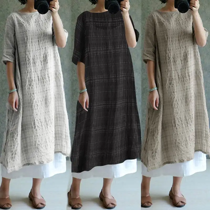 

Cellmia Summer Beach Robe Dress Women Retro Plaid Dress Casual Loose Check Long Shirt Dress Split Linen Vestidos Femme Plus Size