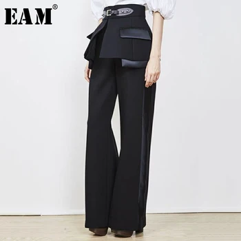 

[EAM] 2020 New Spring Autumn High Waist Side Striped Buckle Split Joint Wide Leg Loose Pants Women Trousers Fashion Tide JR852