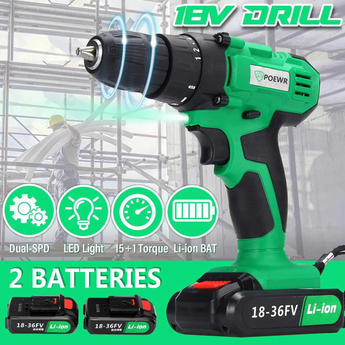 

18V Power Dual Speed Electric Impact Wrench LED Light High Torque Electric Screwdriver Cordless Drill with 2Batteries Power Tool