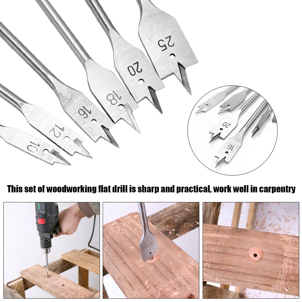 6pcs Flat Spade Drill Bits Set Metal Bit Kit Hex Shank Woodworking Tool Accessoriesin Drill