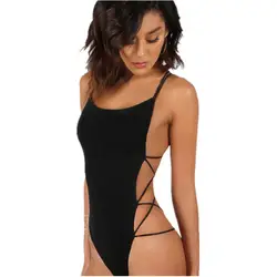 Спинки темно-совок шеи крест тонкий Cami Bodysuit женский, черный Летние, пляжные, без рукавов сексуальные боди Для женщин однотонные