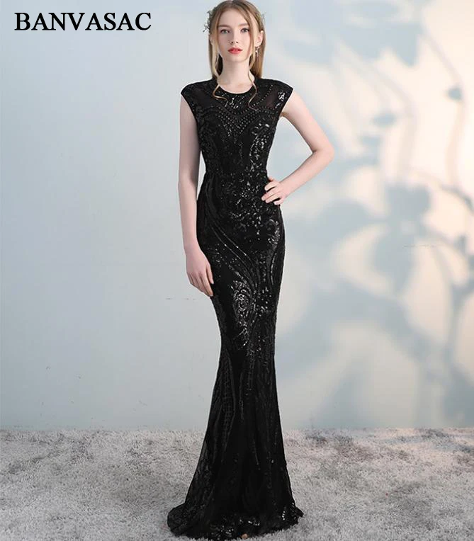 

BANVASAC 2019 Crystal Illusion O Neck Sequined Mermaid Long Evening Dresses Elegant Party Open Back Prom Gowns