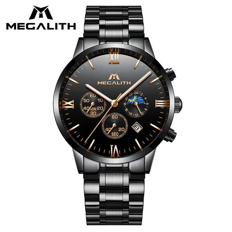 

MEGALITH Luxury Watch Men Waterproof Analogue Chronograph Sports Business Quartz Wrist Watch Gents Stainless Steel Watches Male