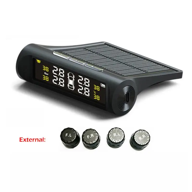 

Solar Power USB TPMS Car Tire Pressure Monitoring System LCD Display 4 External Sensors Auto Security Alarm System Tyre Pressure