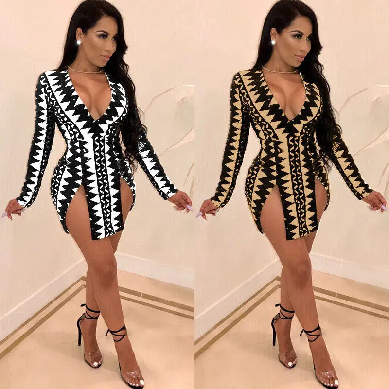 

2019 Ladies Autumn Club Mini Dress Women Spring Sexy Long Sleeve Bodycon V-Neck Evening Party Dresses