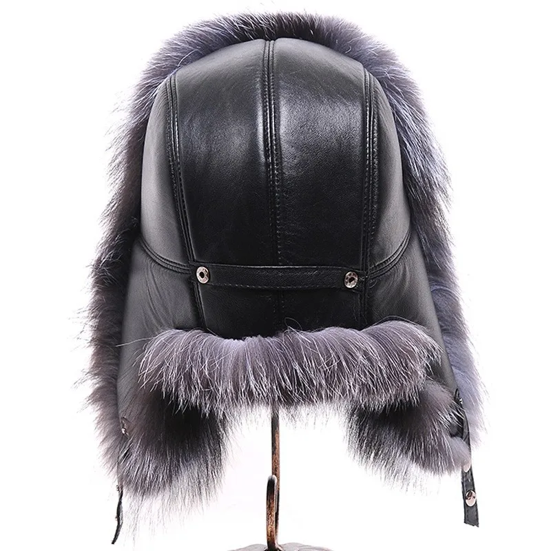 

Winter Real Fox Fur Bomber Hats Warm Soft High Quality Fox Fur Hat Real Sheepskin Leather Hat Natural Fashion Fur Caps