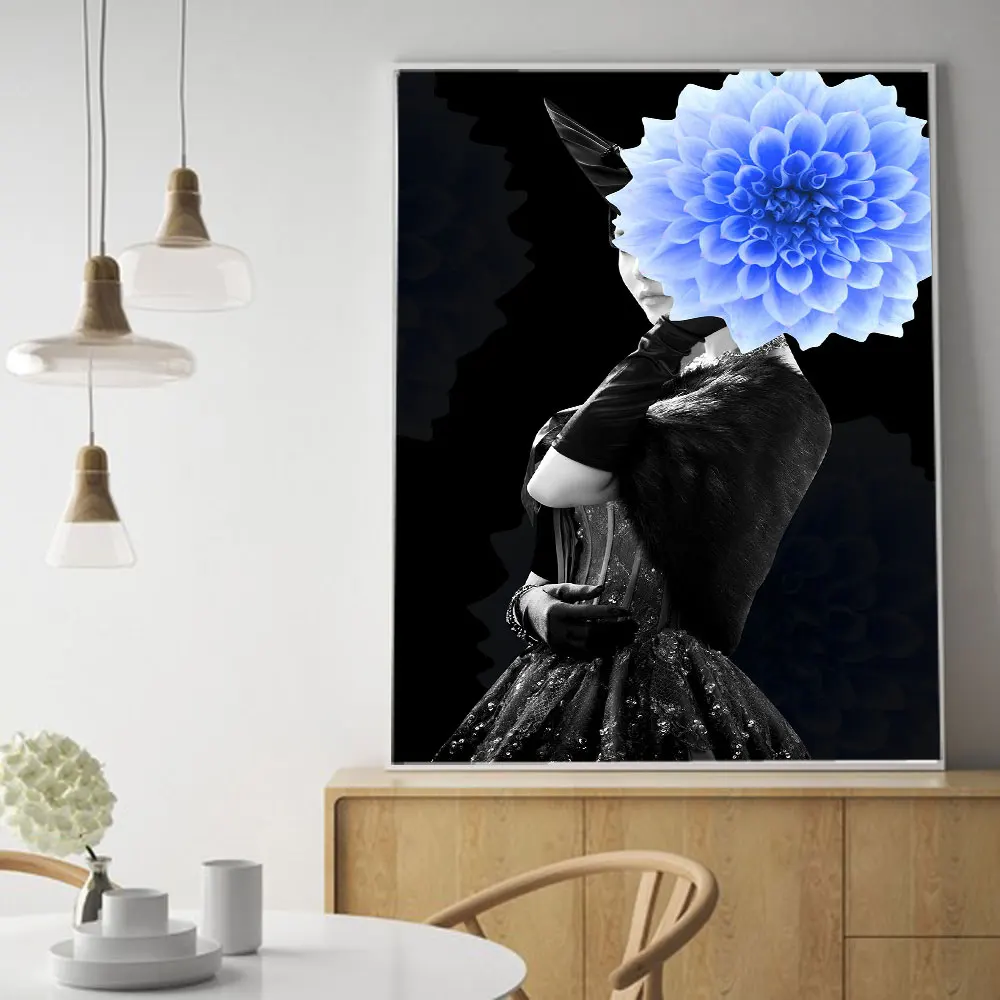 

Elegant Woman Wall Art Canvas Poster Beauty with Blue Flower Print Painting Nordic Decoration Picture Home Decor No Frame