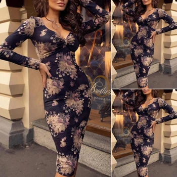 

2018 Brand New Fashion Plus Size Sexy Ladies Long Sleeve Floral Boho Women Party Bodycon Casual Maxi Dress Clothing