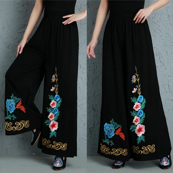 

Spring Summer Wide Leg Pants Womens Vintage High Waist Floral Embroidery Trousers Pantalon Femme Plus Size 4XL