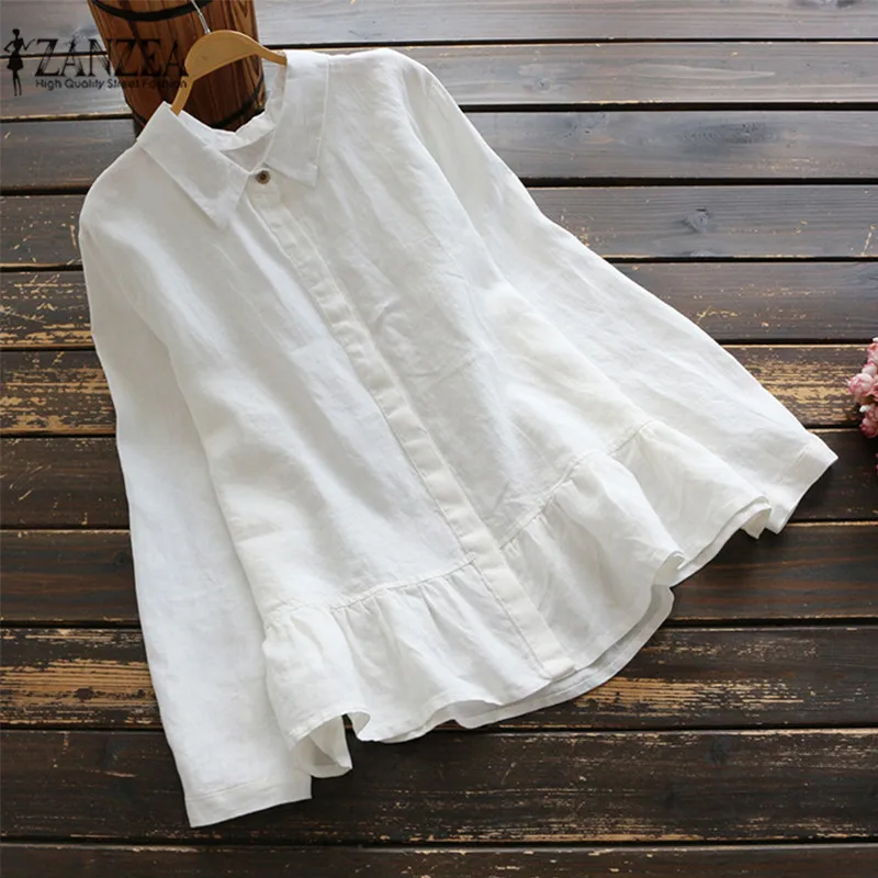  Top Fashion Women Blouse 2019 ZANZEA Spring Autumn Long Sleeve Ruffled Shirts Cotton Linen Blusas C