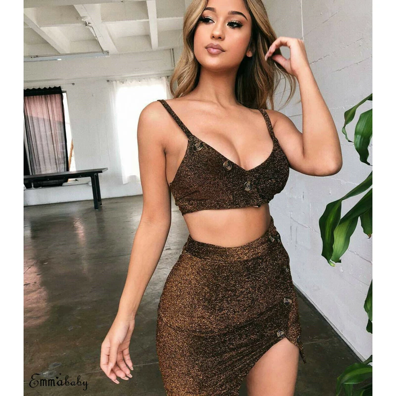 2019 г. Новые пикантные Для женщин 2 шт Bodycon Sequin Crop Top Разделение юбка кнопку Set вечерние клуб