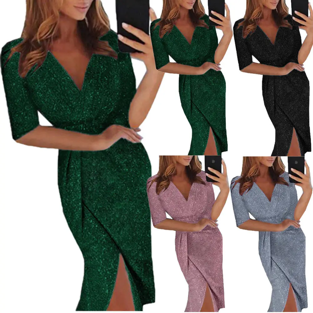 

New Women Fashion Casual Sequin V Neck Solid Dress Ladies Bodycon Party Dress