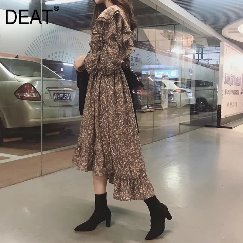 

DEAT 2019 Leopard Summer New High Waist Long-sleeved Leopard Print Ruffled Dress Fashion Women's Stitching QF414