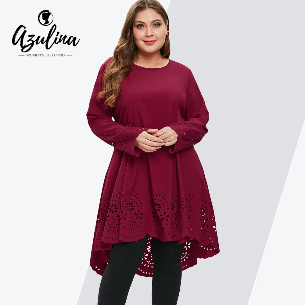 

Rosegal Plus Size Laser Cut High Low Dress Female Straight O Neck Long Sleeves Solid Color Dresses Women Clothing Robe Femme 5XL