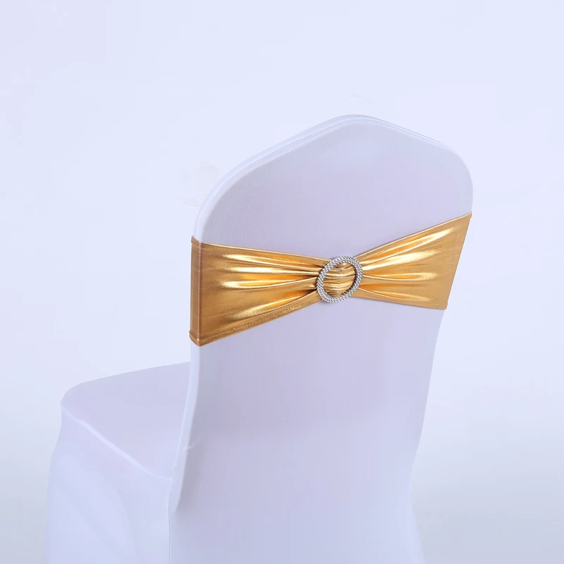 

YRYIE 10pcs Gold Wedding Bronzing Strech Chair Band Spandex With Buckle Slider Sashes Bow Decorations For Wedding Party