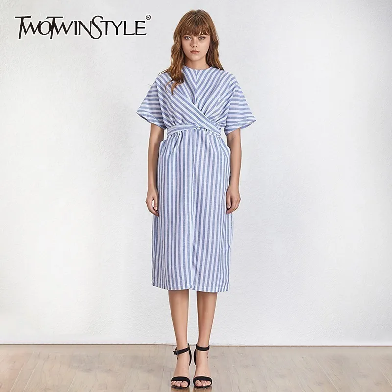 

TWOTWINSTYLE Hit Color Striped Women Dress O Neck Short Sleeve High Waist Lace Up Split Midi Dresses Female Fashion Summer 2019