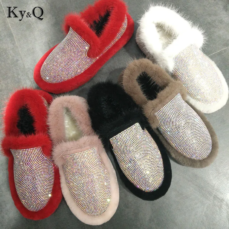 

Fur Snow Boots Woman Rhinestone Winter 2018 Luxury Plush Flat Shoes Flat Lady Winter Warm Shoes Comfortable Snowboots
