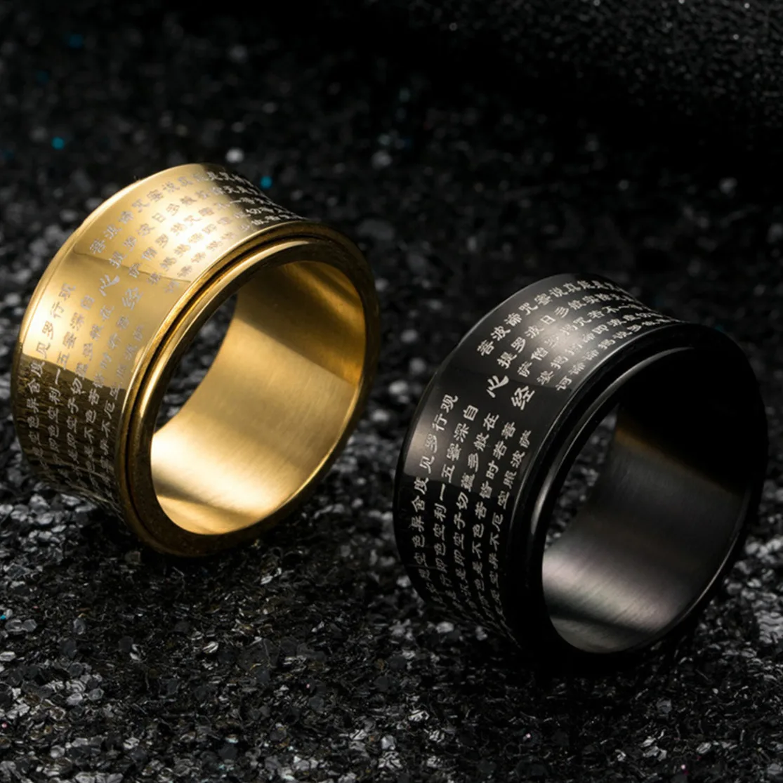 

Stainless Steel Rotating Contour Men Ring Heart Sutra Engraved Buddhist For Unisex wedding Rings Bague Homme Anel Masculino