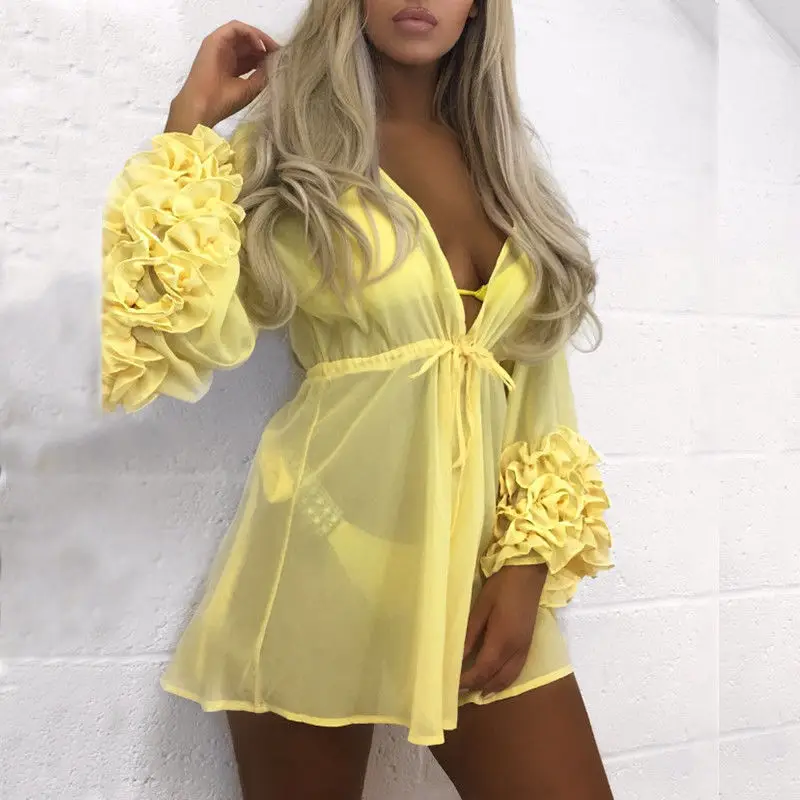 

2019 New Sexy Women Beach Cover-up Long Sleeve Ruffles Beach Tunic Bathing Suit Summer Beach Wear Swimwear Mesh Beach Dress D35