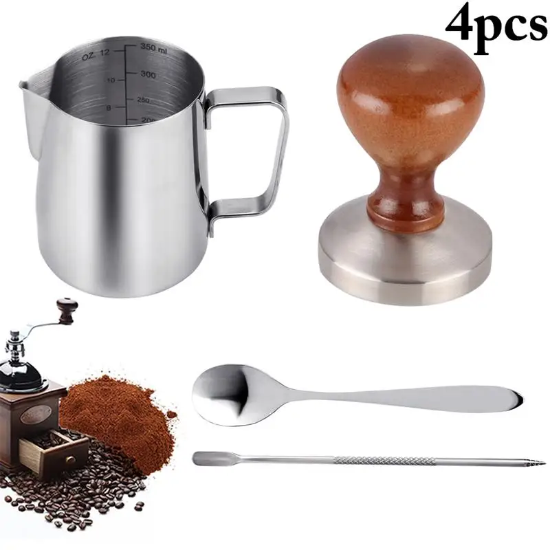Günstig Heißer 4 stücke Kaffee Zubehör 58mm edelstahl Kaffee Tamper mit 12 unzen Aufschäumen Pither und Kaffee Löffel und latte Art Stift