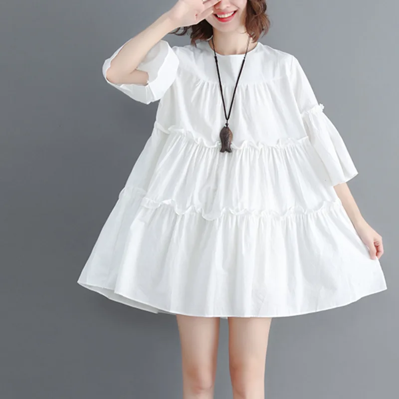

#0115 Summer Tiered Ruffles Dress Women Plus Size Loose O-neck White/Purple Half Flare Sleeve Mini A-line Dresses Ladies Fashion