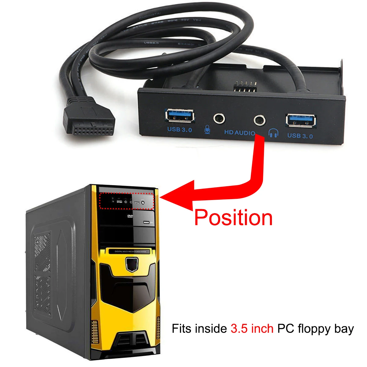 3.5 ''2 USB3.0 مركزا + HD الصوت إلى 20Pin رأس مرن امامي لوحة