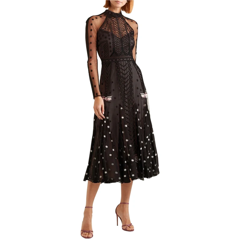 

stars polka dots print embroidery women mesh dress casual dress 2019 stand collar transparent long sleeve black long sexy dress