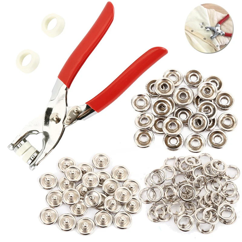 

9.5mm 100 Sets Metal Sewing Prong Rings Buttons Press Studs Snap Craft Fasteners + Clip Pliers DIY Clothes Decoration