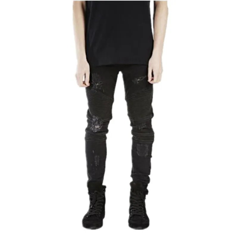 Skinny Jeans Men Vintage Denim Casual Stretch 2019 Spring Pleated Patchwork Hole Ripped Male Zipper Pencil Pants | Мужская одежда