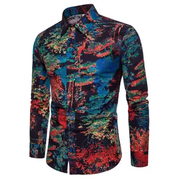 

Fashion Spring Autumn Casual Men Shirt Slim Fit Flower Print Linen Shirt Long-sleeved Shirts Male Floral Social Masculina M-5XL