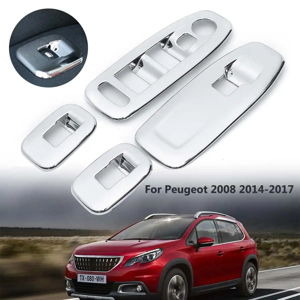 

4X ABS Chrome Car Window Lift Switch Elevator Sticker Chassis Panel Cover Trim Garnish Decor For Peugeot 2008 2014-2017