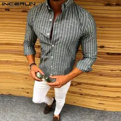 INCERUN 2019 для мужчин рубашка с длинным рукавом лацканами средства ухода за кожей шеи мужская деловая рубашка повседневное Slim Fit Осень мода